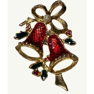 Christmas Red Bell Brooch Pin With Bow And Faux Pearl Accents 2 Inches Vintage